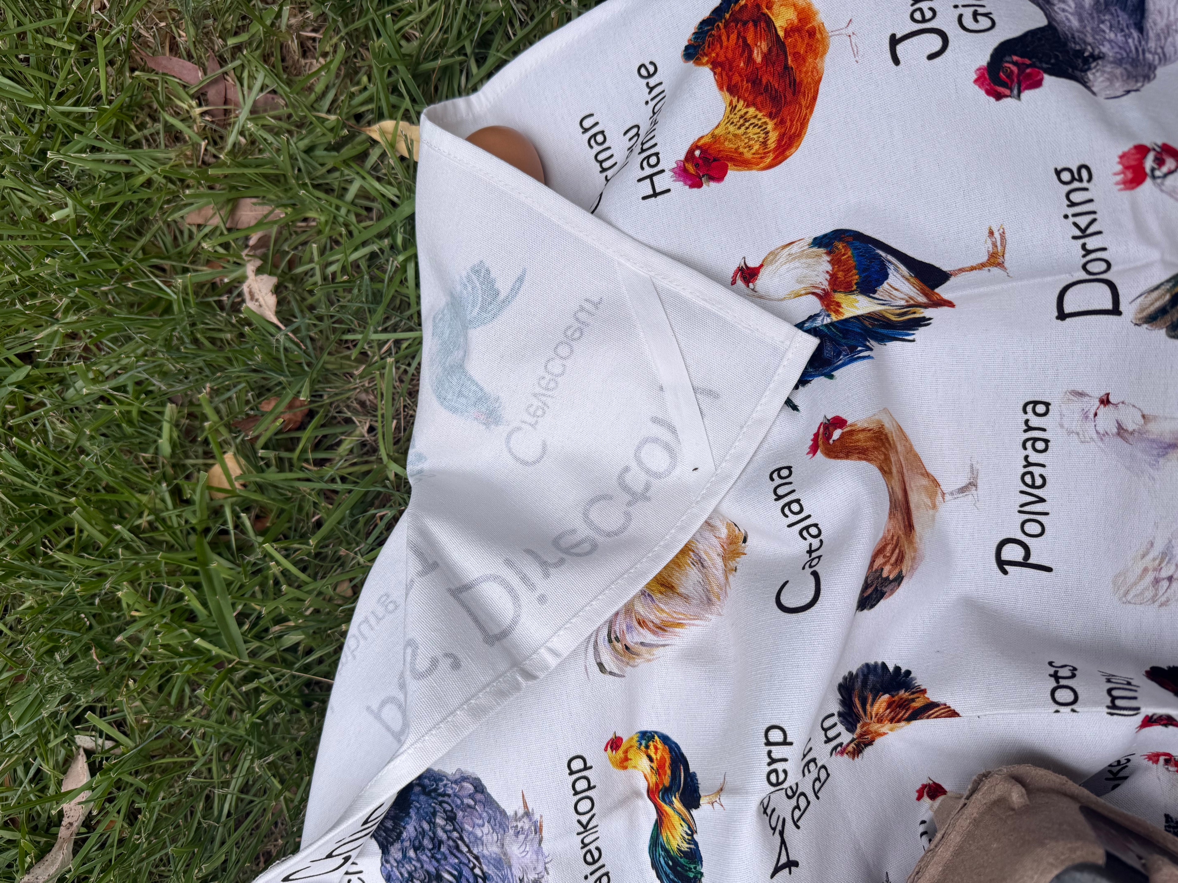 Tea towel: "The Chickens' Directory PART II" design