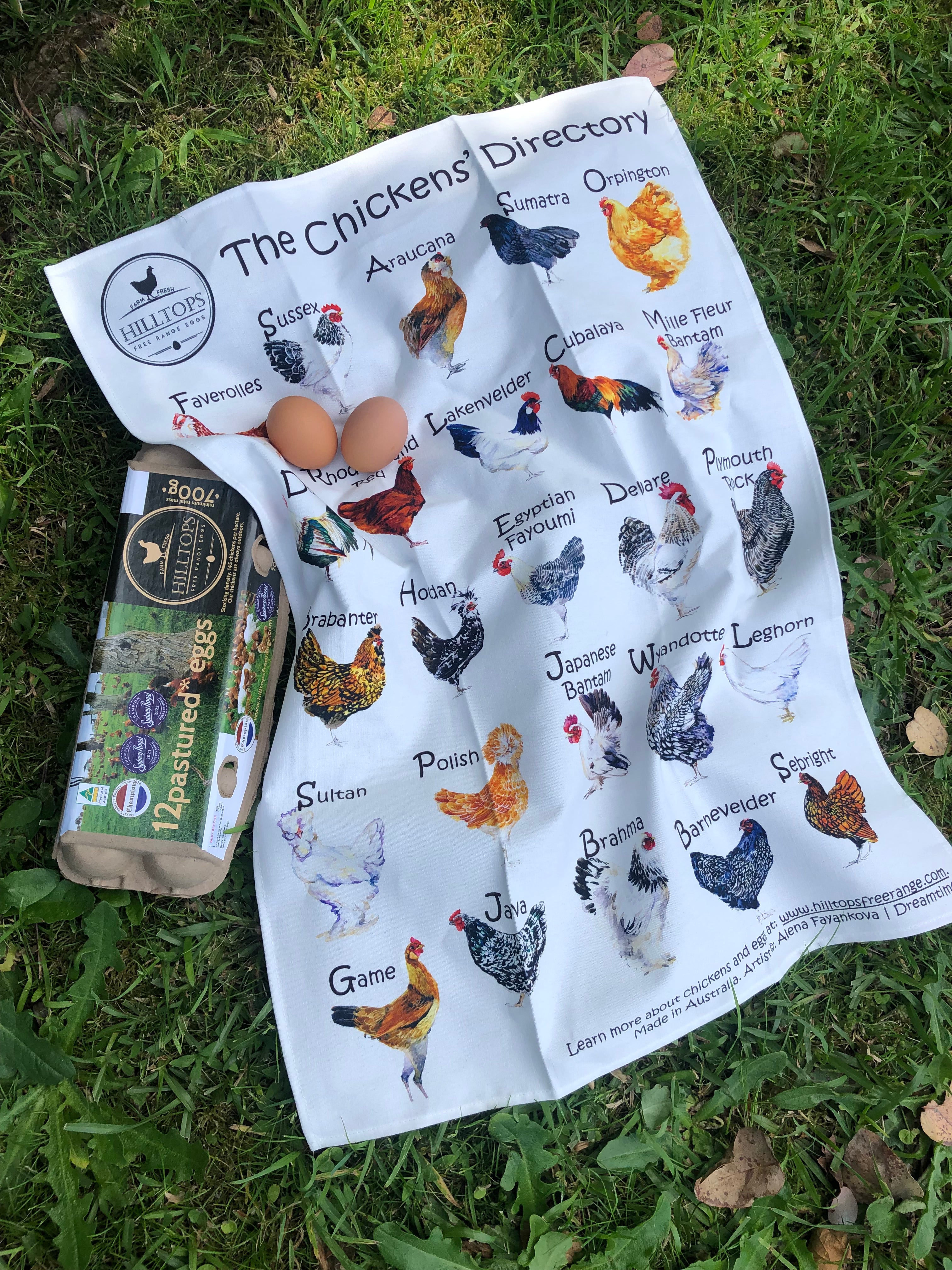 Tea towel:"The Chickens' Directory" design