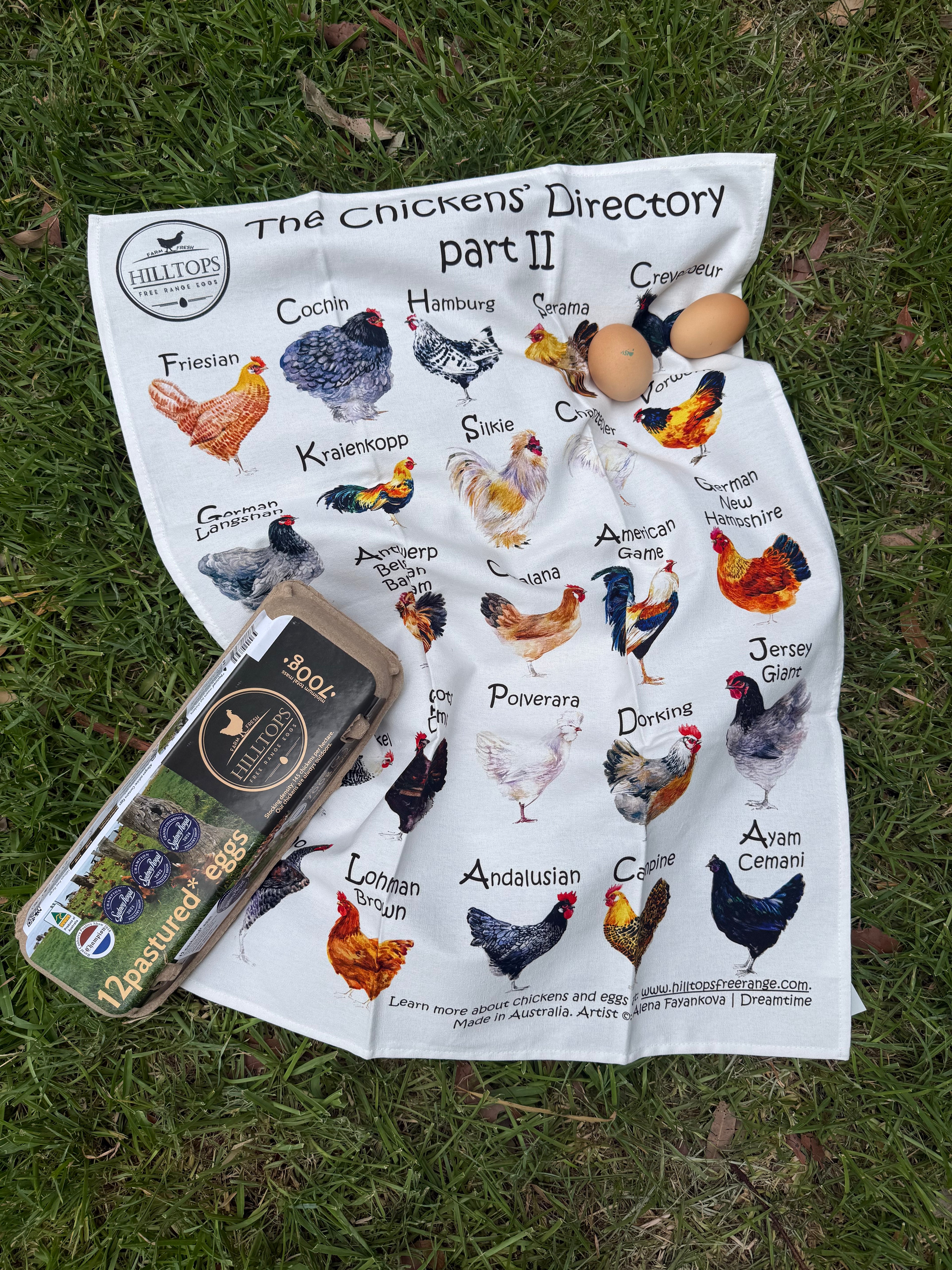 Tea towel: "The Chickens' Directory PART II" design