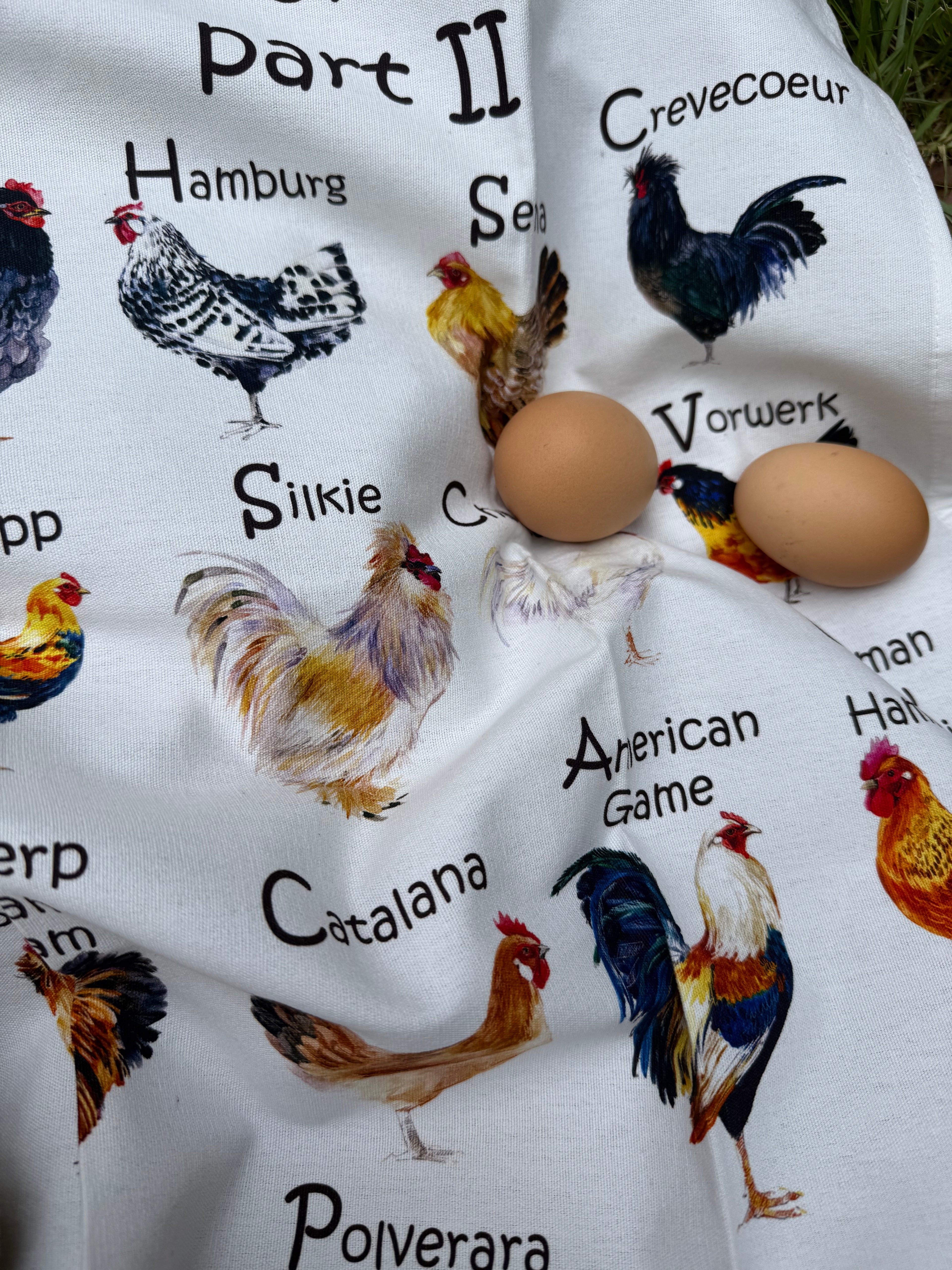 Tea towel: "The Chickens' Directory PART II" design